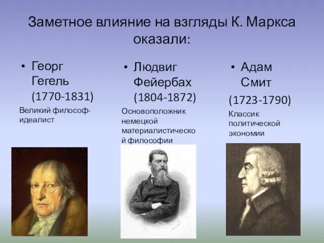 Заметное влияние на взгляды К. Маркса оказали: Георг Гегель (1770-1831)