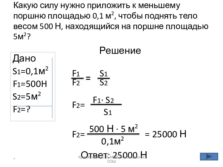 Какую силу нужно приложить к меньшему поршню площадью 0,1 м2,