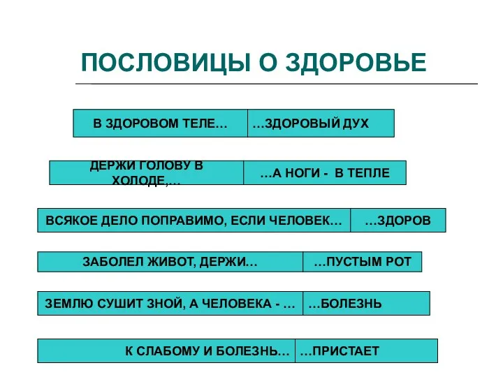 ПОСЛОВИЦЫ О ЗДОРОВЬЕ В ЗДОРОВОМ ТЕЛЕ… …ЗДОРОВЫЙ ДУХ ДЕРЖИ ГОЛОВУ