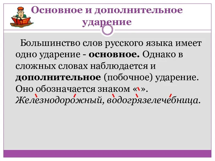 Основное и дополнительное ударение Большинство слов русского языка имеет одно