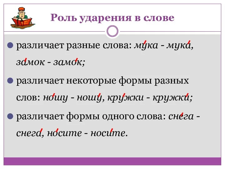 Роль ударения в слове различает разные слова: мука - мука, замок - замок;