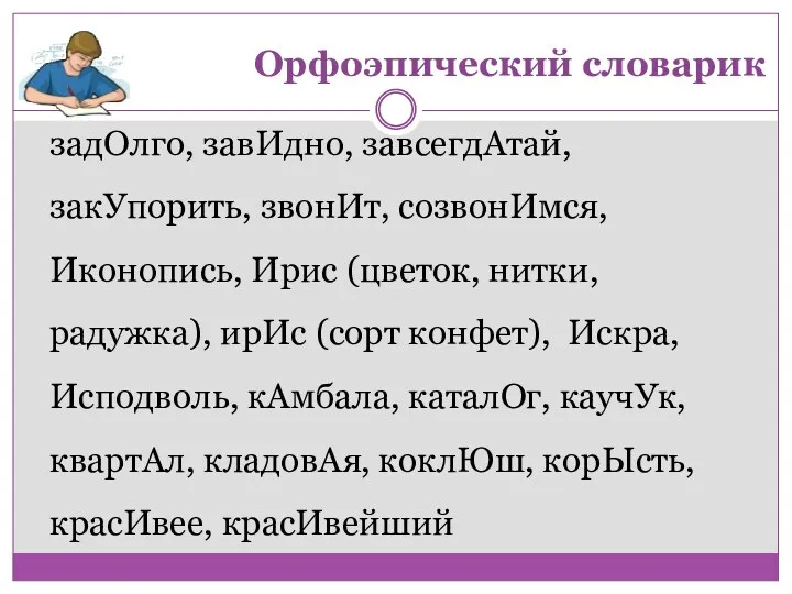 Орфоэпический словарик задОлго, завИдно, завсегдАтай, закУпорить, звонИт, созвонИмся, Иконопись, Ирис (цветок, нитки, радужка),