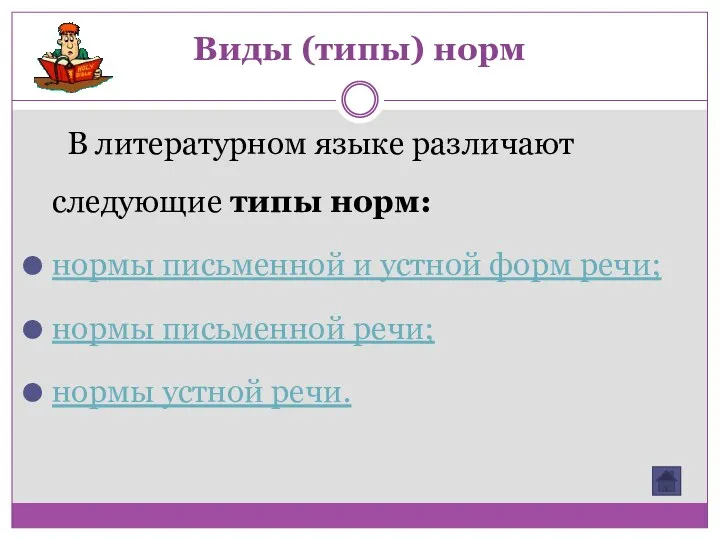 Виды (типы) норм В литературном языке различают следующие типы норм: нормы письменной и