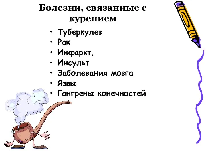 Болезни, связанные с курением Туберкулез Рак Инфаркт, Инсульт Заболевания мозга Язвы Гангрены конечностей