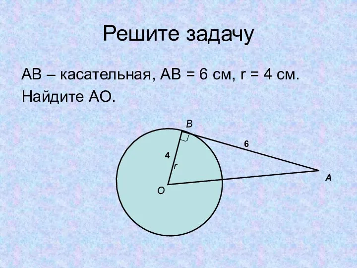 Решите задачу AB – касательная, AB = 6 см, r = 4 см. Найдите AO.