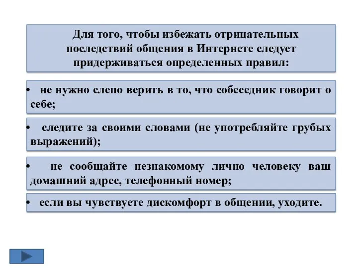 Для того, чтобы избежать отрицательных последствий общения в Интернете следует