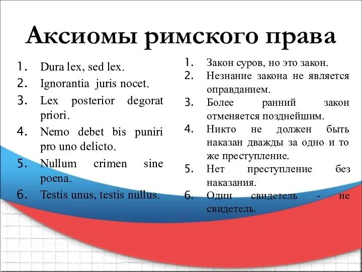 Аксиомы римского права Dura lex, sed lex. Ignorantia juris nocet.