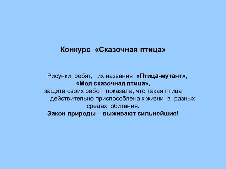 Конкурс «Сказочная птица» Рисунки ребят, их названия «Птица-мутант», «Моя сказочная