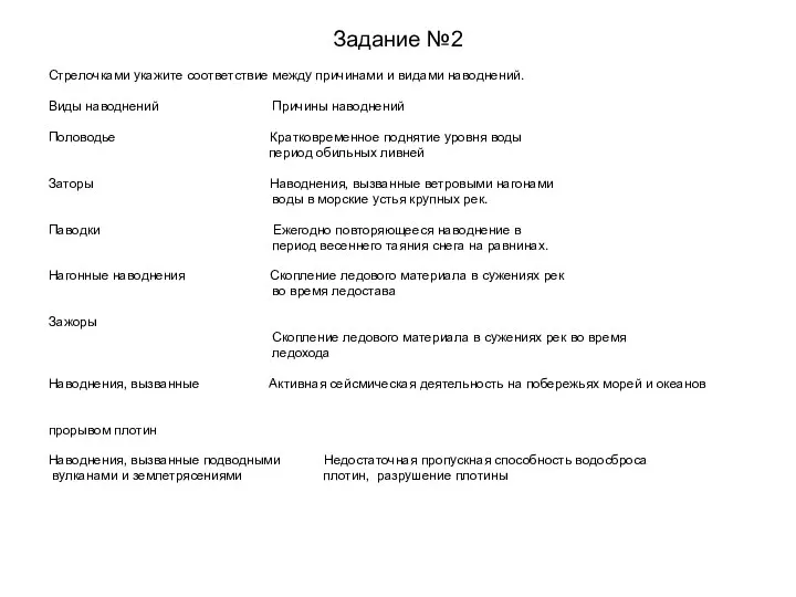 Задание №2 Стрелочками укажите соответствие между причинами и видами наводнений.