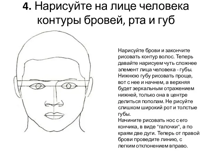 4. Нарисуйте на лице человека контуры бровей, рта и губ Нарисуйте брови и