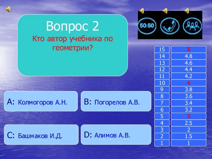 Вопрос 2 Кто автор учебника по геометрии? B: Погорелов А.В.