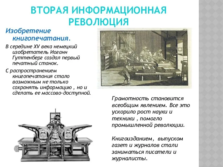 Вторая информационная революция Изобретение книгопечатания. В середине XV века немецкий