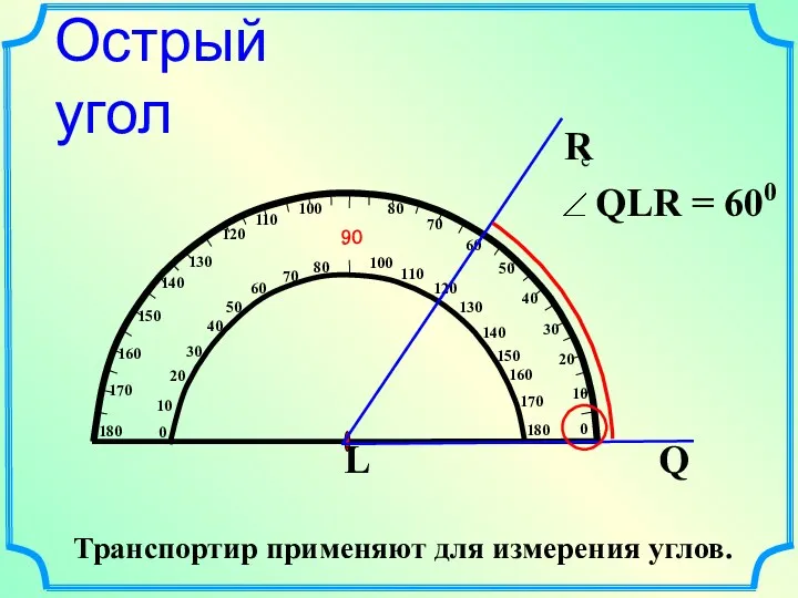 Острый угол Транспортир применяют для измерения углов. е