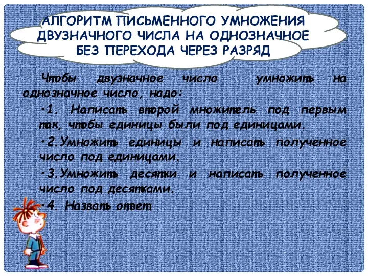 Алгоритм письменного умножения двузначного числа на однозначное без перехода через