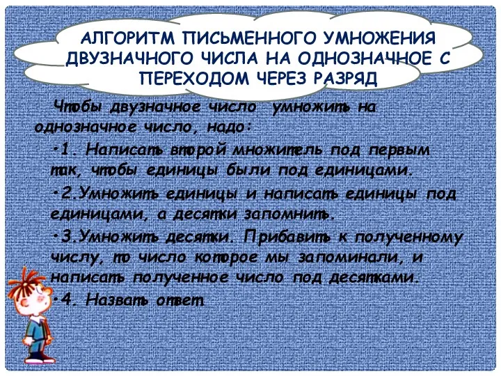 АЛГОРИТМ ПИСЬМЕННОГО УМНОЖЕНИЯ ДВУЗНАЧНОГО ЧИСЛА НА ОДНОЗНАЧНОЕ С ПЕРЕХОДОМ ЧЕРЕЗ