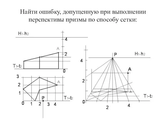 Найти ошибку, допущенную при выполнении перспективы призмы по способу сетки: