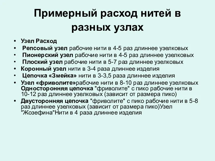 Примерный расход нитей в разных узлах Узел Расход Репсовый узел