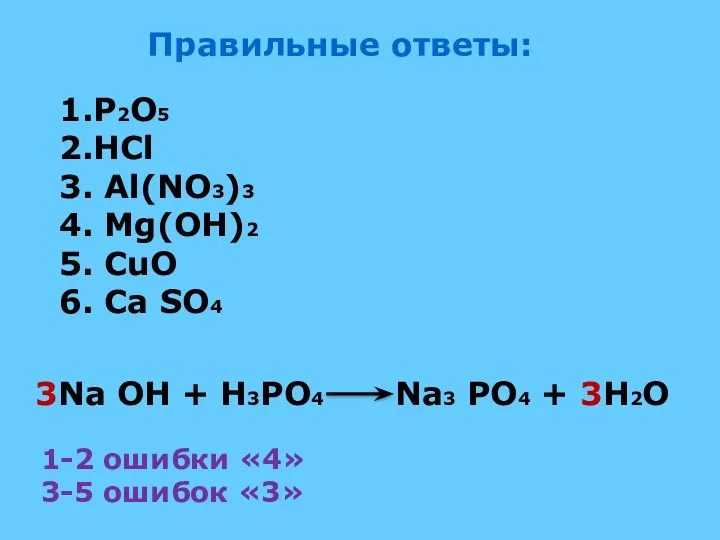 Правильные ответы: 1.P2O5 2.HCl 3. Al(NO3)3 4. Mg(OH)2 5. CuO