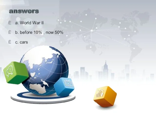 answers a. World War II b. before 10% , now 50% c. cars