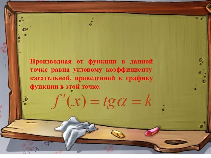 Производная от функции в данной точке равна угловому коэффициенту касательной,