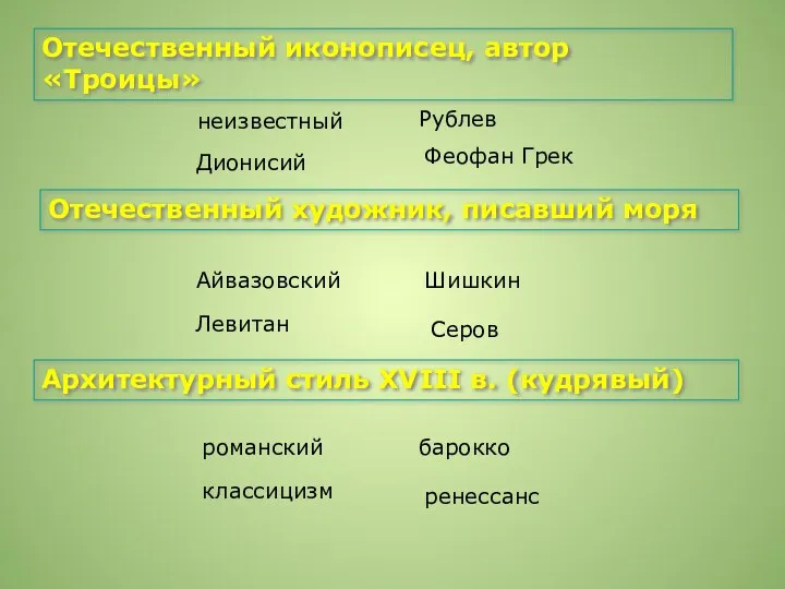 Отечественный иконописец, автор «Троицы» неизвестный Отечественный художник, писавший моря Архитектурный