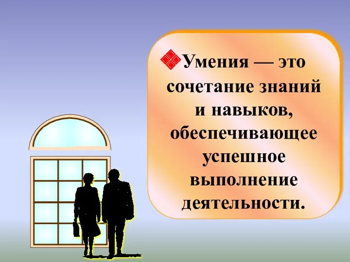 Умения — это сочетание знаний и навыков, обеспечивающее успешное выполнение деятельности.