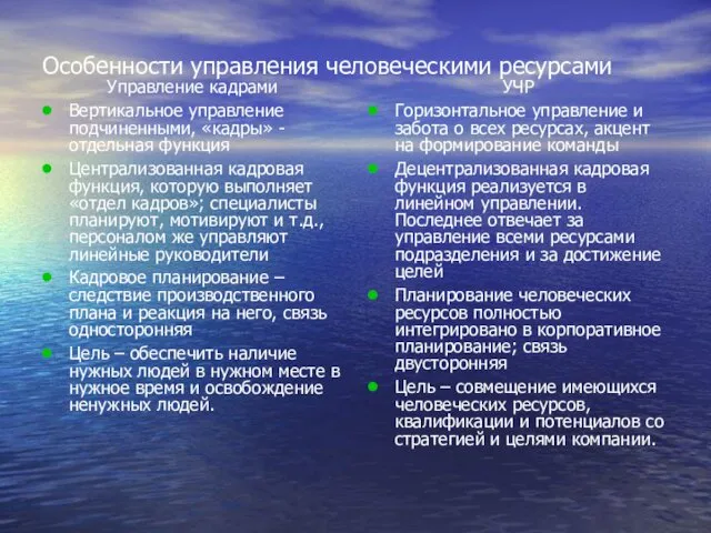 Особенности управления человеческими ресурсами Управление кадрами Вертикальное управление подчиненными, «кадры»