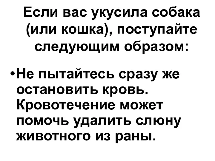 Если вас укусила собака (или кошка), поступайте следующим образом: Не