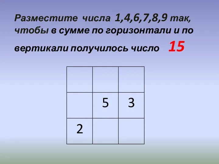 Разместите числа 1,4,6,7,8,9 так, чтобы в сумме по горизонтали и по вертикали получилось число 15