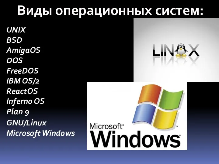 Виды операционных систем: UNIX BSD AmigaOS DOS FreeDOS IBM OS/2 ReactOS Inferno OS