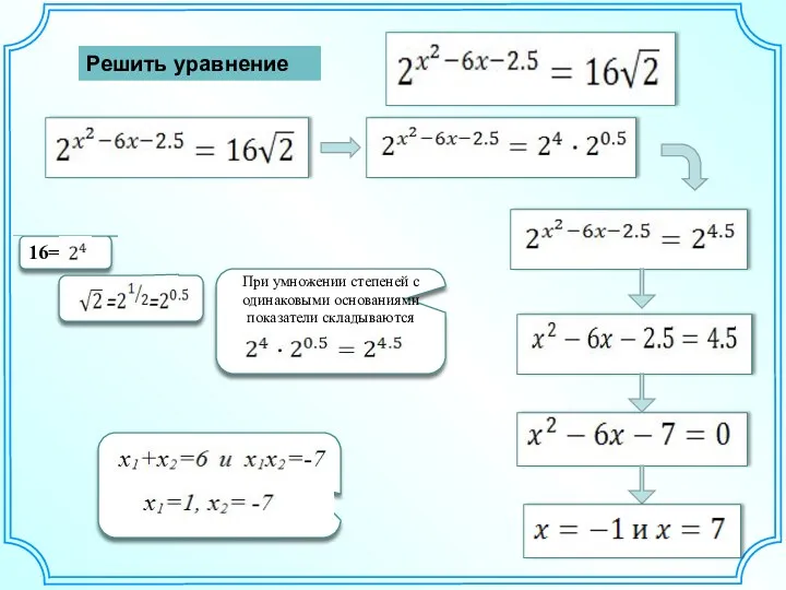 Решить уравнение 16= При умножении степеней с одинаковыми основаниями показатели складываются