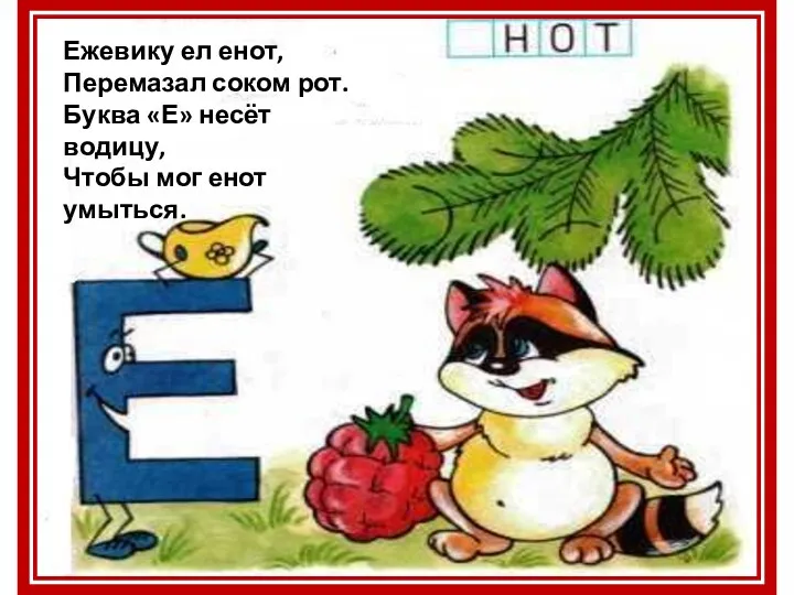 Ежевику ел енот, Перемазал соком рот. Буква «Е» несёт водицу, Чтобы мог енот умыться.