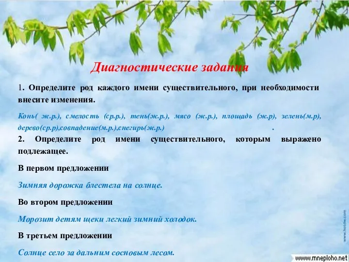 Диагностические задания 1. Определите род каждого имени существительного, при необходимости