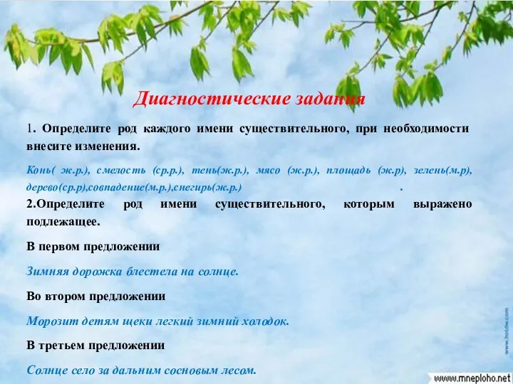 Диагностические задания 1. Определите род каждого имени существительного, при необходимости внесите изменения. Конь(