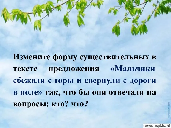 Измените форму существительных в тексте предложения «Мальчики сбежали с горы