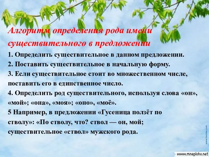 Алгоритм определения рода имени существительного в предложении 1.​ Определить существительное