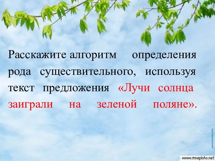 Расскажите алгоритм определения рода существительного, используя текст предложения «Лучи солнца заиграли на зеленой поляне».