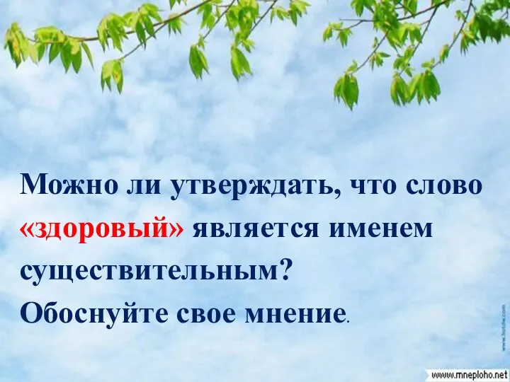 Можно ли утверждать, что слово «здоровый» является именем существительным? Обоснуйте свое мнение.