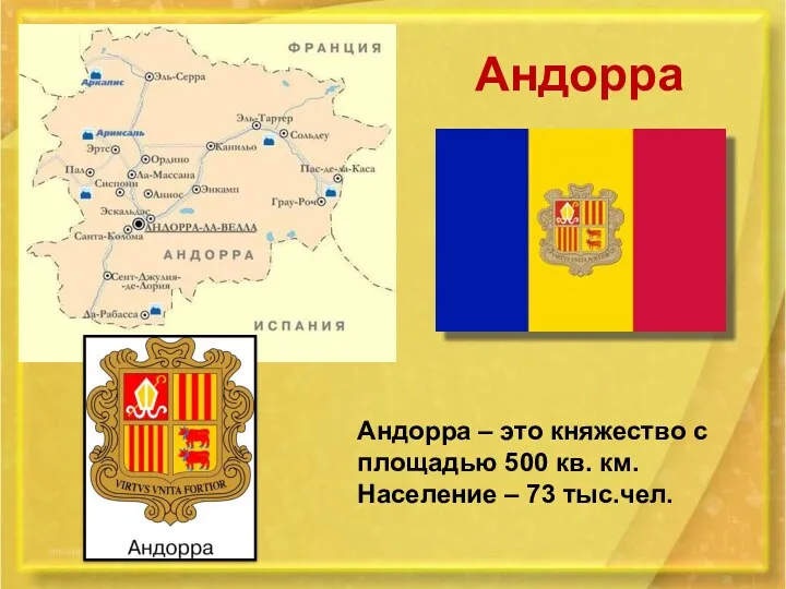 Андорра Андорра – это княжество с площадью 500 кв. км. Население – 73 тыс.чел.