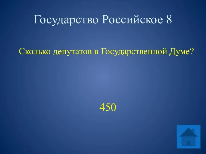 Государство Российское 8 Сколько депутатов в Государственной Думе? 450