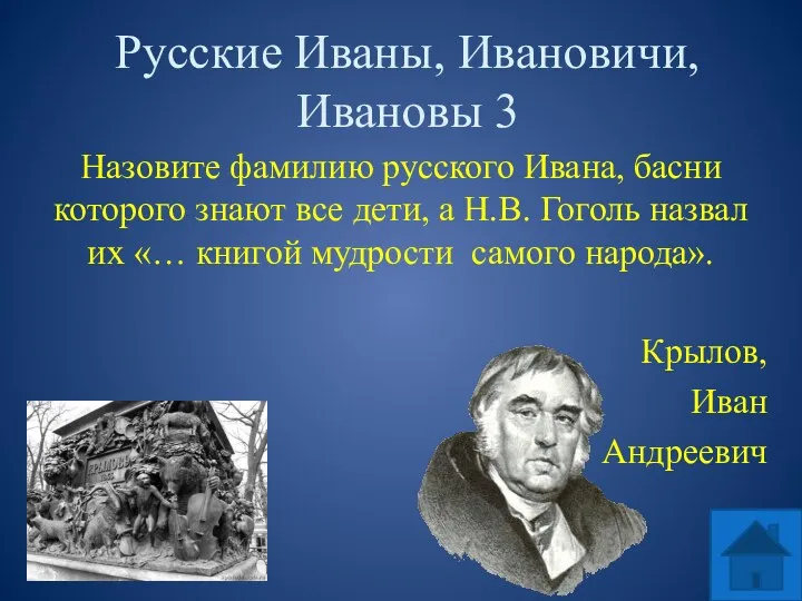 Русские Иваны, Ивановичи, Ивановы 3 Назовите фамилию русского Ивана, басни