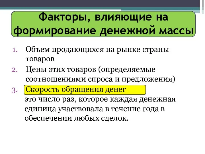 Факторы, влияющие на формирование денежной массы Объем продающихся на рынке