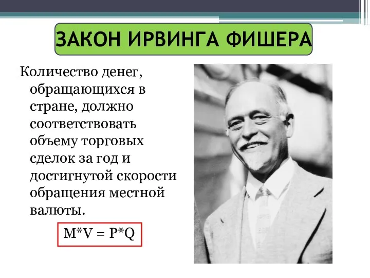 ЗАКОН ИРВИНГА ФИШЕРА Количество денег, обращающихся в стране, должно соответствовать