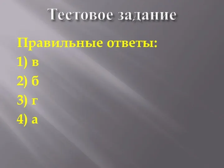 Правильные ответы: 1) в 2) б 3) г 4) а