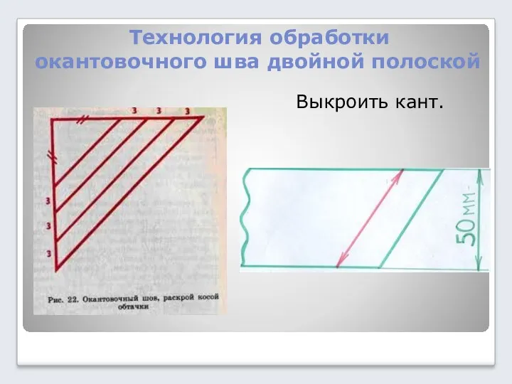 Технология обработки окантовочного шва двойной полоской Выкроить кант.