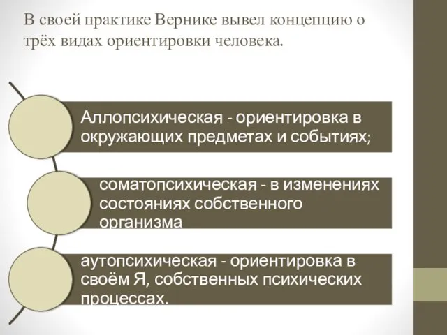 В своей практике Вернике вывел концепцию о трёх видах ориентировки человека.