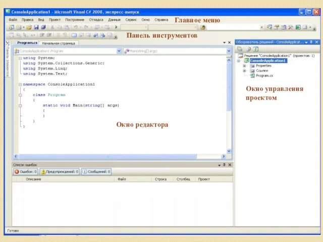 Главное меню Панель инструментов Окно управления проектом Окно редактора