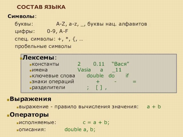 СОСТАВ ЯЗЫКА Символы: буквы: A-Z, a-z, _, буквы нац. алфавитов