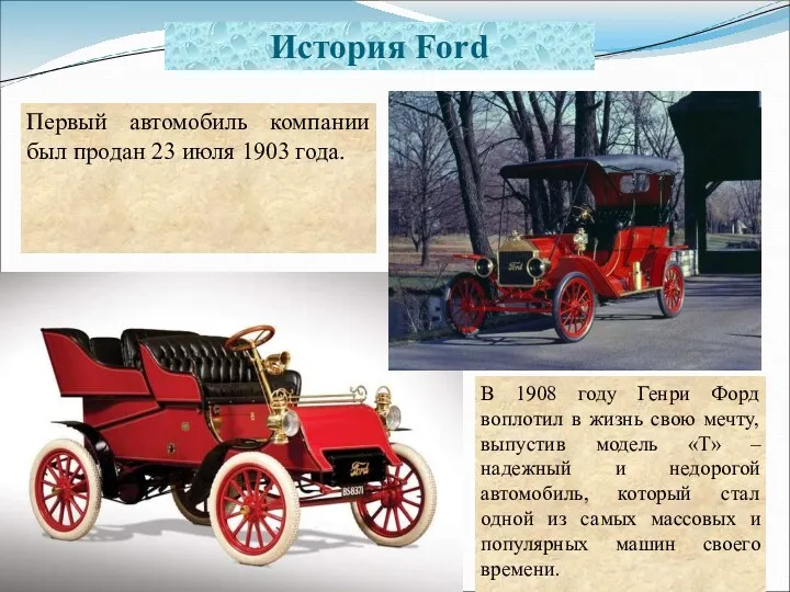 История Ford Первый автомобиль компании был продан 23 июля 1903