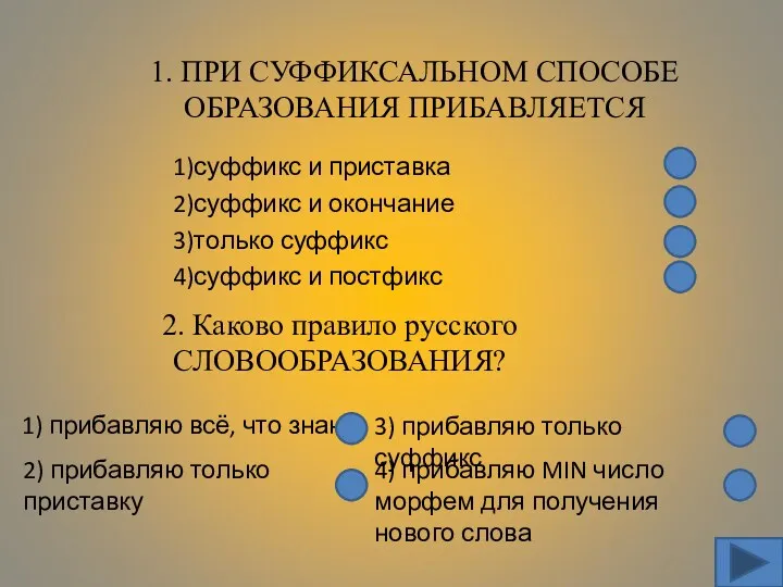 1. ПРИ СУФФИКСАЛЬНОМ СПОСОБЕ ОБРАЗОВАНИЯ ПРИБАВЛЯЕТСЯ 2)суффикс и окончание 3)только суффикс 4)суффикс и